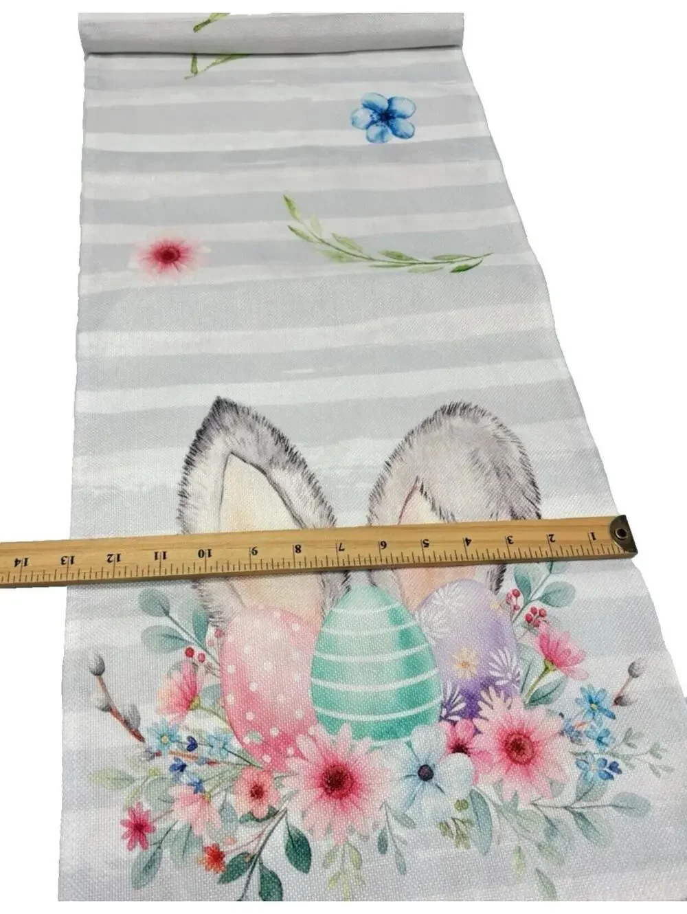 Easter Bunny Table Runner 72” Long Spring Floral Eggs Grey Stripe Holiday Decor